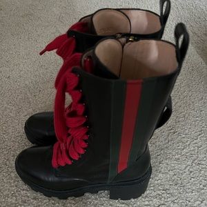 Women’s Gucci Trip Black Leather Red Green Web Stripe Combat Boot